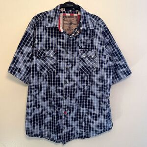 WINCHESTER CO Vtg Pearl Snap Cotton Plaid Two Pocket Western Button Up, Blue- XL